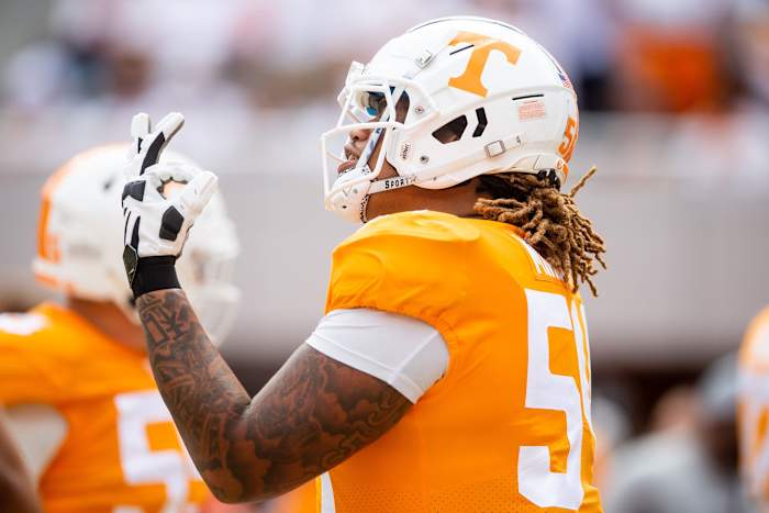 Tennessee Volunteers OL Gerald Mincey during a win over Florida in 2022. (Photo by Brianna Paciorka of the News Sentinel)